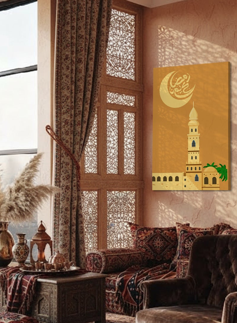 لوحة كانفاس على إطار خشبي بتصميم رمضان كريم مع هلال رمضان ومسجد - Image 2